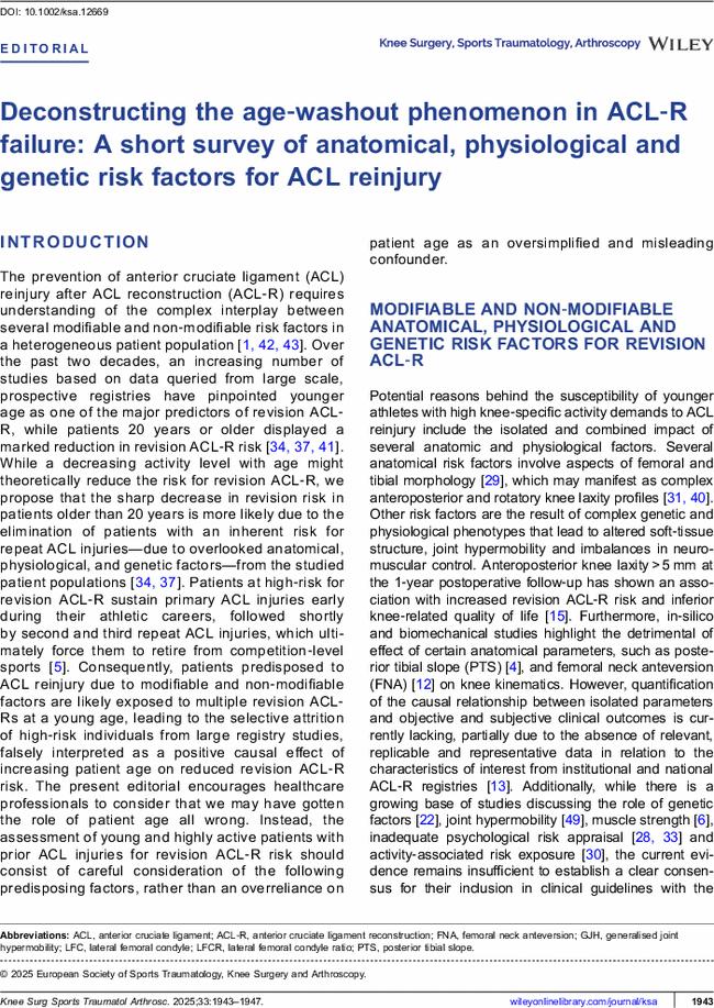Deconstructing the age-washout phenomenon in ACL-R failure: A short survey of anatomical, physiological and genetic risk factors for ACL reinjury