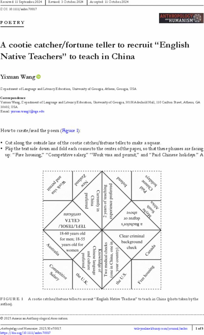 A cootie catcher/fortune teller to recruit “English Native Teachers” to teach in China