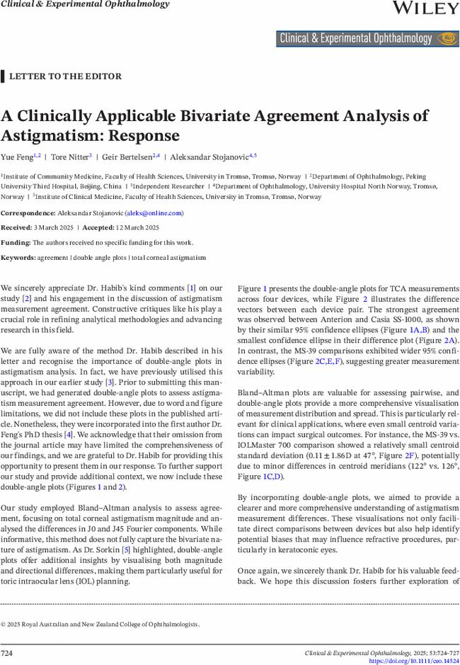 A Clinically Applicable Bivariate Agreement Analysis of Astigmatism: Response