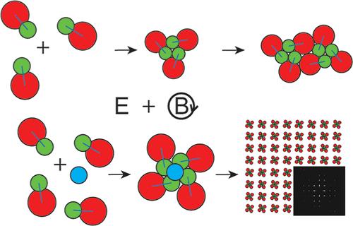 Numerical Simulations of Colloidal Dimer Assembly into Chiral Clusters and Crystals under Combined Electric and Magnetic Fields