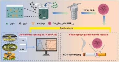 Controllable synthesis of bimetallic Cu-Zn conjugated polymer microflowers with splendid laccase- and antioxidase-like activities for colorimetric detection of organic pollutants and eliminating cigarette smoke radicals