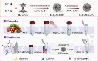 Fabrication and application of ferrocene contained MOF derived porous carbon: A single multi-interference clean-up QuEChERS sorbent for facile analysis of triazine herbicides in various fruits and vegetables by LC-MS/MS
