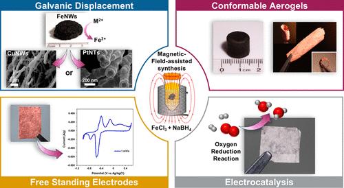 Magnetic-Field-Assisted Fe Nanowire Conformable Aerogels Galvanically Displaced to Cu and Pt for Three-Dimensional Electrode Applications