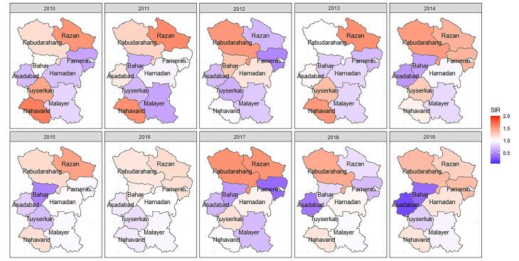 Spatiotemporal Mapping of Colorectal and Gastric Cancer Incidence in Hamadan Province, Western Iran (2010-2019).