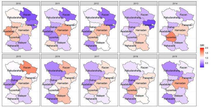 Spatiotemporal Mapping of Colorectal and Gastric Cancer Incidence in Hamadan Province, Western Iran (2010-2019).