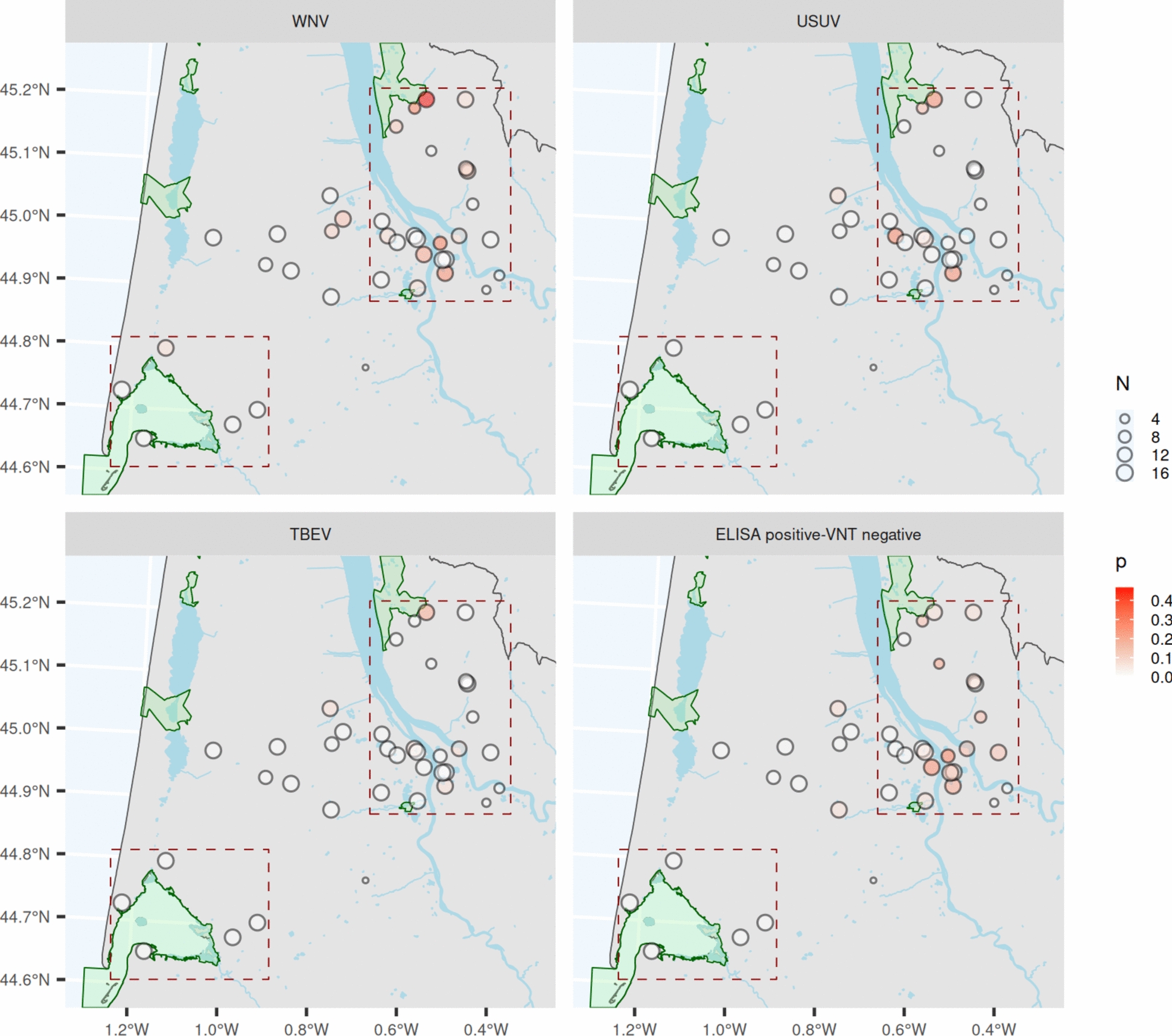 Seroprevalence of West Nile, Usutu and tick-borne encephalitis viruses in equids from south-western France in 2023.