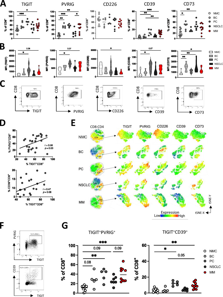 Expression of the TIGIT axis and the CD39/CD73 purinergic pathway in bone metastasis-derived immune cells.