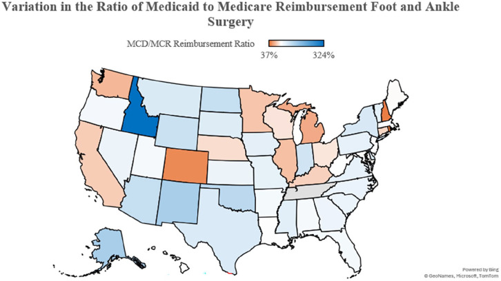 Medicaid Reimbursement for Common Orthopaedic Foot and Ankle Procedures Is Highly Inconsistent Among States, Ranging from 37% to 324% of Medicare Reimbursement.