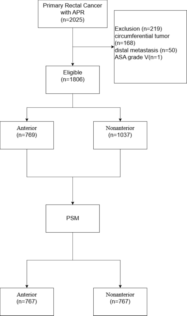 Prognostic impact of tumor location after abdominoperineal resection of rectal cancer: A single-center propensity score matching analysis based on 1806 cases.