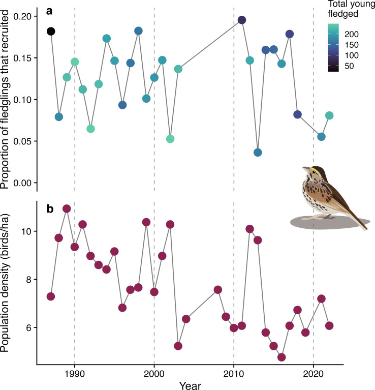 Population density and timing of breeding mediate effects of early life conditions on recruitment.
