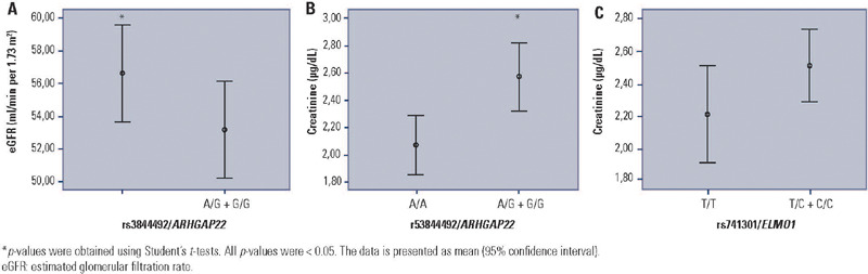 The rs3844492/ARHGAP22 and rs741301/ELMO1 polymorphisms are associated with changes in laboratory markers of renal damage among patients with type 2 diabetes mellitus.