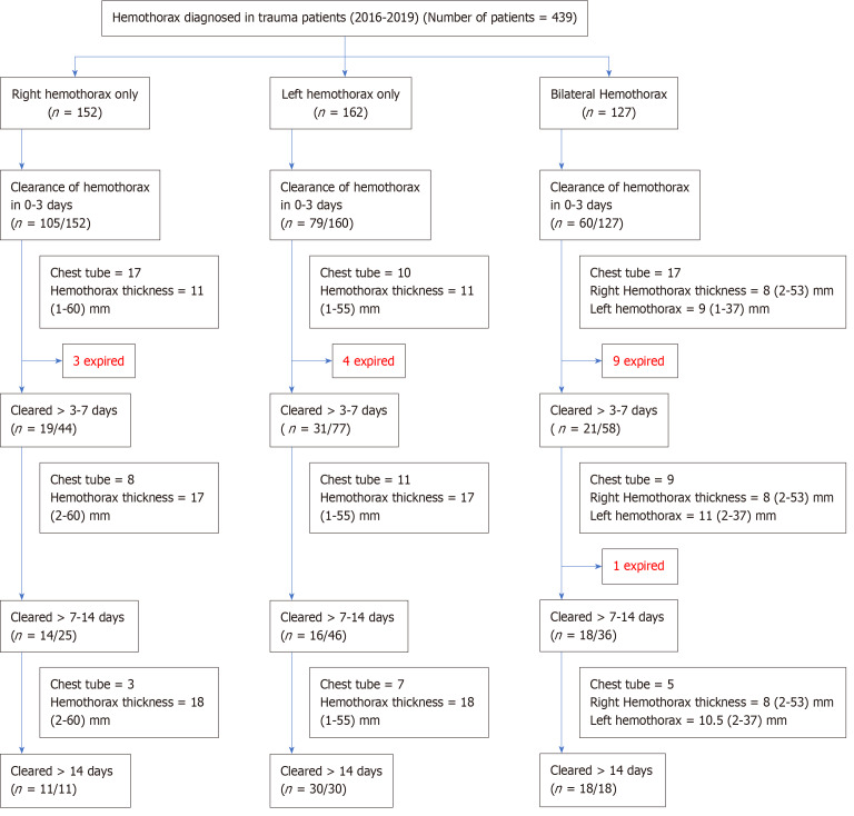 Time to resolution of radiologically detected hemothorax in trauma patients: A retrospective observational study.