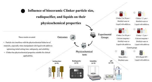 Influence of Bioceramic Clinker particle size, radiopacifier, and liquids on their physicochemical properties.