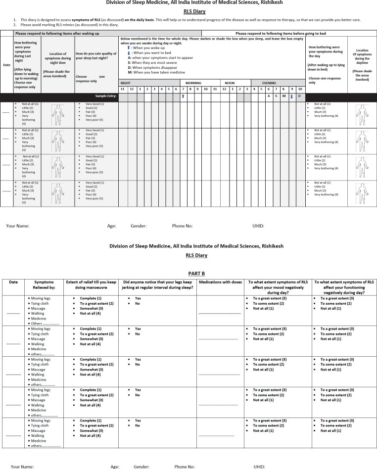 Development and validation of Restless Legs Syndrome Diary for the assessment of severity and course of symptoms - A cross-sectional study.