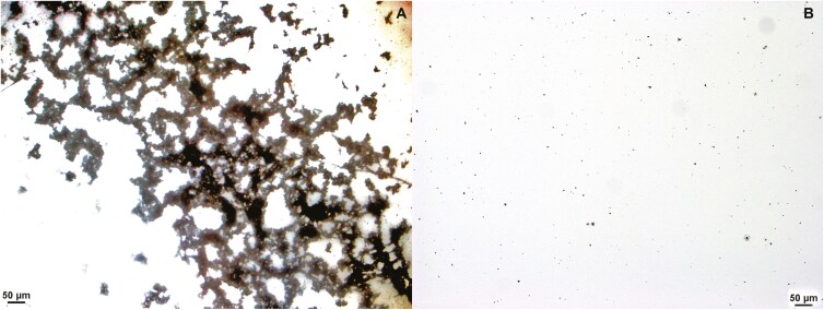 Comparative microscopic analysis of plastic dispersion from 3D-printed and thermoformed orthodontic aligners.