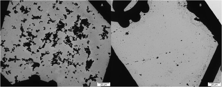 Comparative microscopic analysis of plastic dispersion from 3D-printed and thermoformed orthodontic aligners.