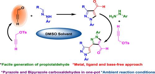 In Situ Generation and [3 + 2] Annulation Reactions of Propiolaldehyde─A Metal-Free, Cascade Route to Pyrazole and Bipyrazole Carboxaldehydes in One Pot