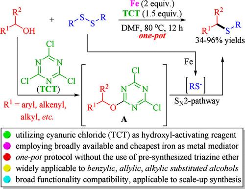Iron-Mediated One-Pot Dehydroxylative Cross-Electrophile Coupling of Alcohol with Disulfide for Thioether Synthesis by Using TCT as a Hydroxyl-Activating Agent