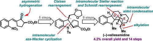 Enantioselective Total Synthesis of (−)-Vallesamidine Enabled by Asymmetric Hydrogenation and Aza-Wacker Cyclization to Construct the Core Spirocyclopentane-1,2′-indoline Structure