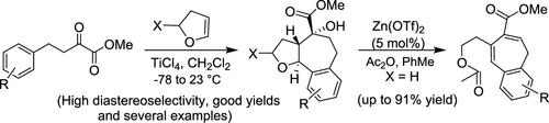 TiCl4-Mediated Diastereoselective Tandem Reactions of Functionalized Keto Esters and Dihydrofurans: Synthesis of Substituted Tricyclic Hexahydro-2H-benzocycloheptafurans