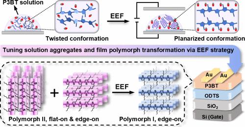 Tuning Solution Aggregates and Thin Film Polymorphs in Conjugated Polymers via External Electric Field for Field-Effect Transistors