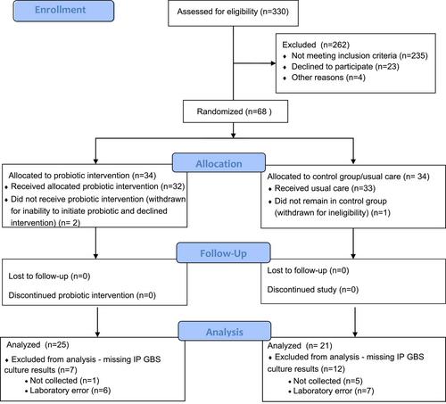 Open-Label Randomized Controlled Trial and Feasibility Study of an Oral Probiotic Intervention to Reduce Group B Streptococcus Colonization in Pregnant People by the Time of Birth