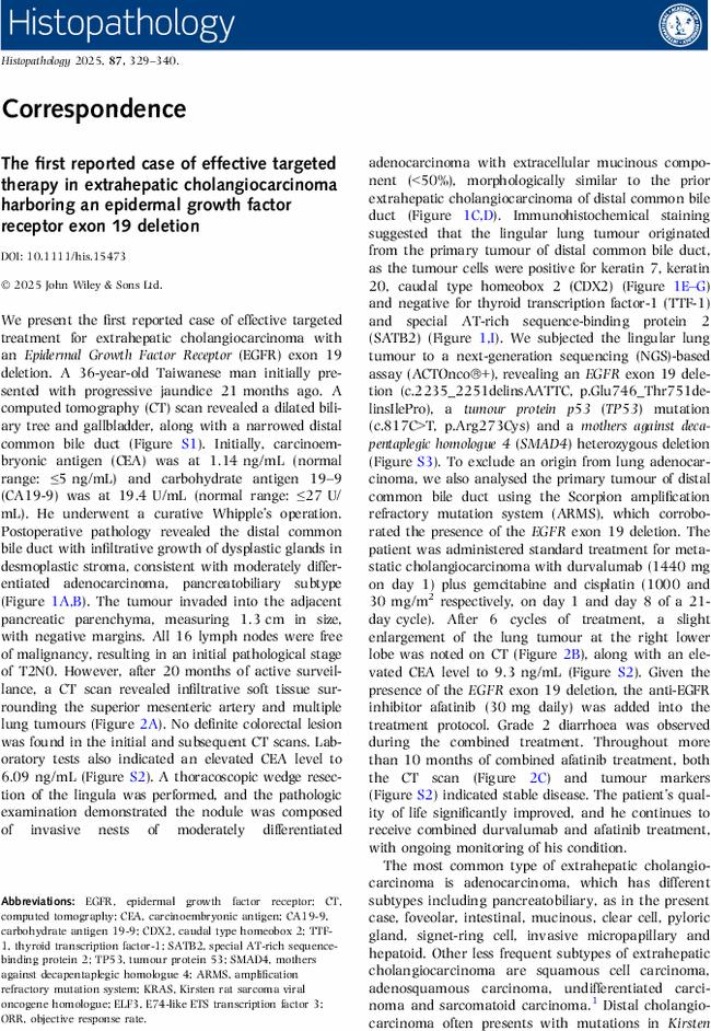 The first reported case of effective targeted therapy in extrahepatic cholangiocarcinoma harboring an epidermal growth factor receptor exon 19 deletion