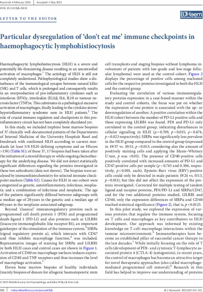 Particular dysregulation of ‘don't eat me’ immune checkpoints in haemophagocytic lymphohistiocytosis