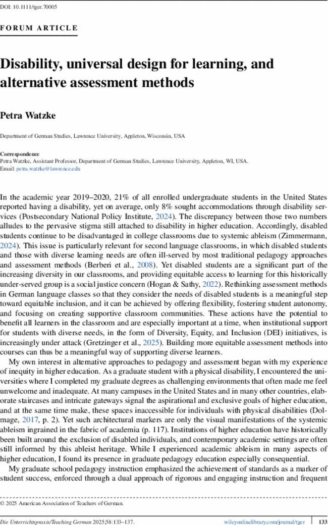 Disability, universal design for learning, and alternative assessment methods
