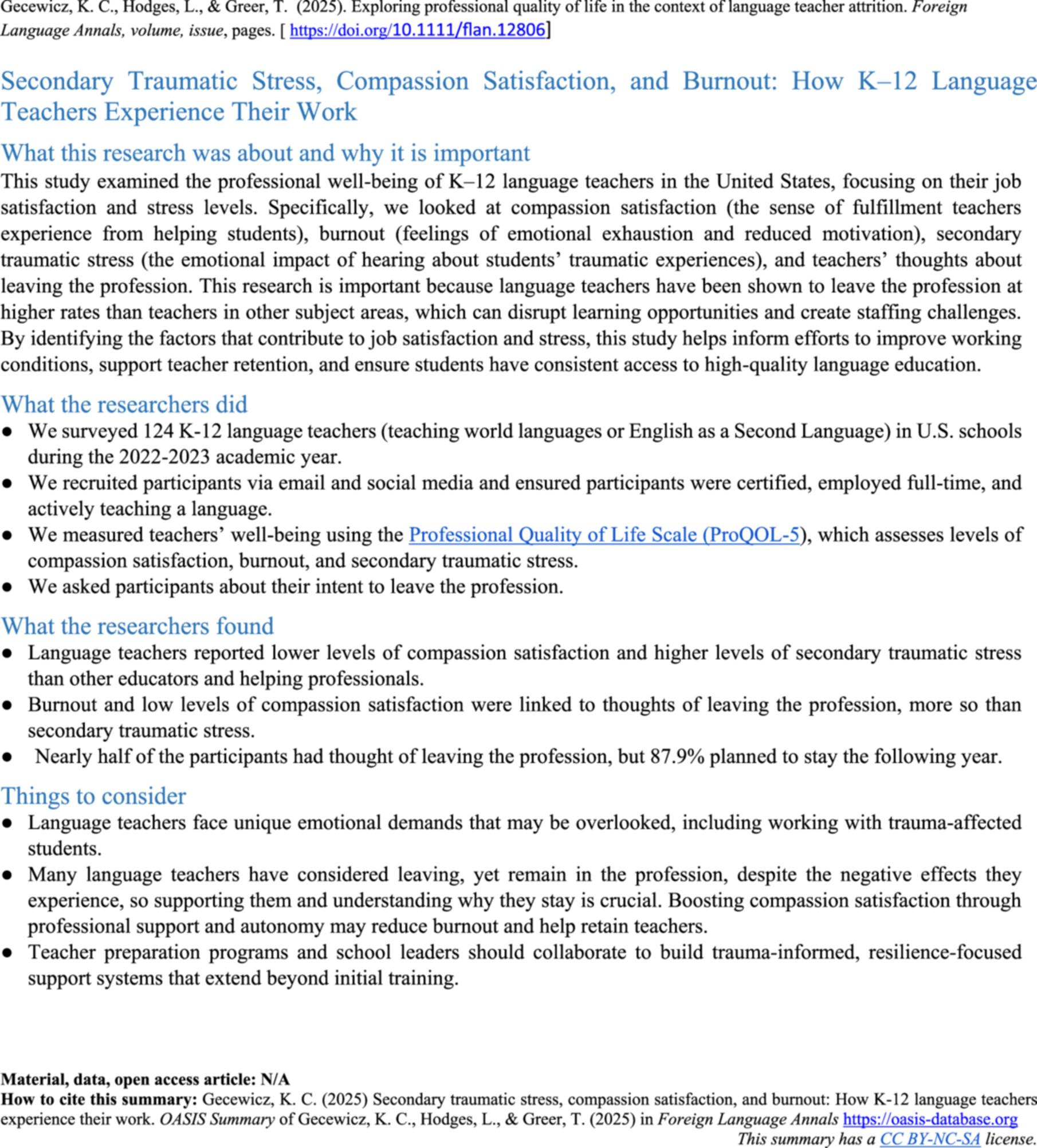 Exploring professional quality of life in the context of language teacher attrition