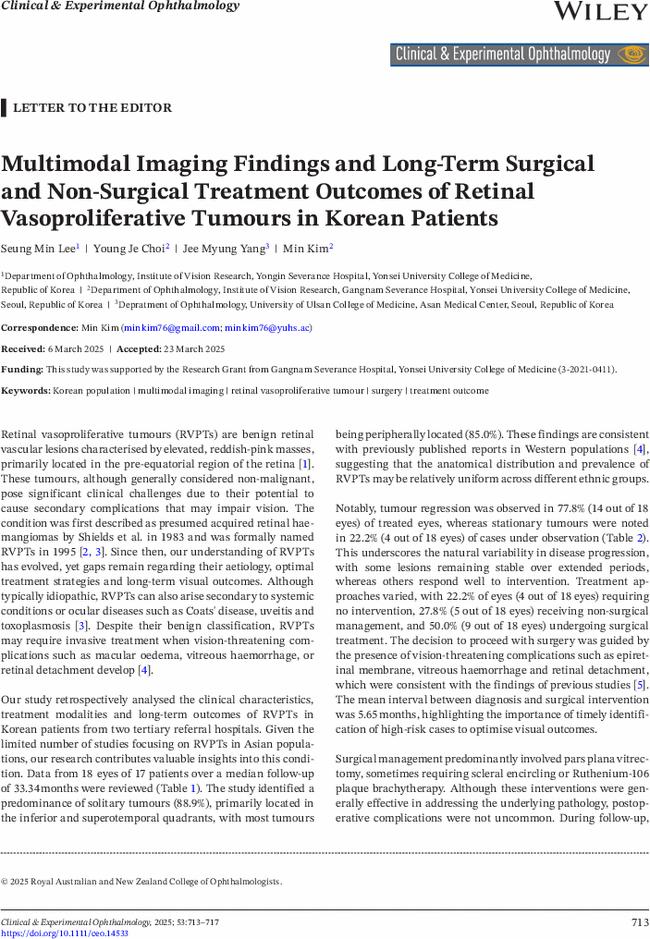 Multimodal Imaging Findings and Long-Term Surgical and Non-Surgical Treatment Outcomes of Retinal Vasoproliferative Tumours in Korean Patients