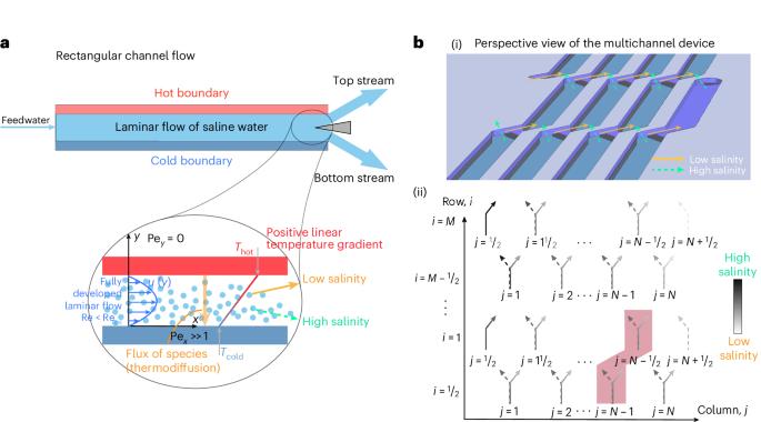 All-liquid thermal desalination and brine concentration via multichannel thermodiffusion