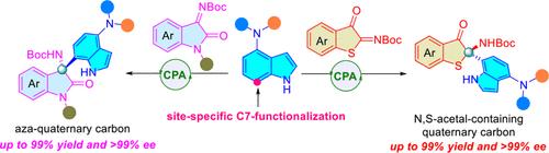 Enantioselective Friedel–Crafts Reaction for the Synthesis of 4,7-Difunctionalized Indoles Featuring a Chiral Heteroatom-Substituted Quaternary Carbon at the C7 Position