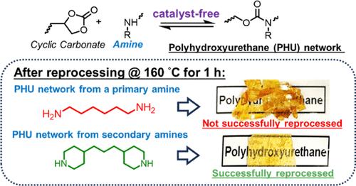 Catalyst-Free Polyhydroxyurethane Covalent Adaptable Networks Exhibiting Full Cross-Link Density Recovery after Reprocessing: Facilitation by Synthesis with Well-Designed Secondary Amines