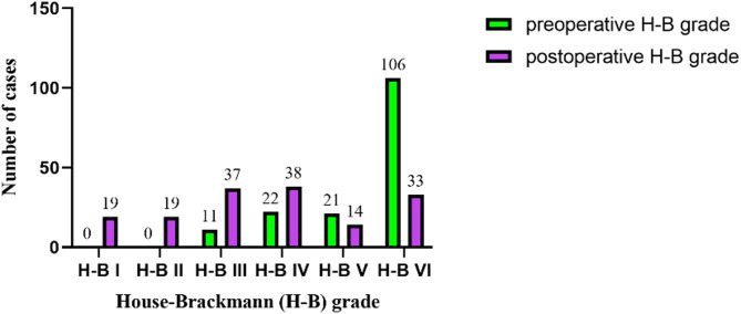 Outcome of different facial nerve managements in petrous bone cholesteatoma patients with facial paralysis.
