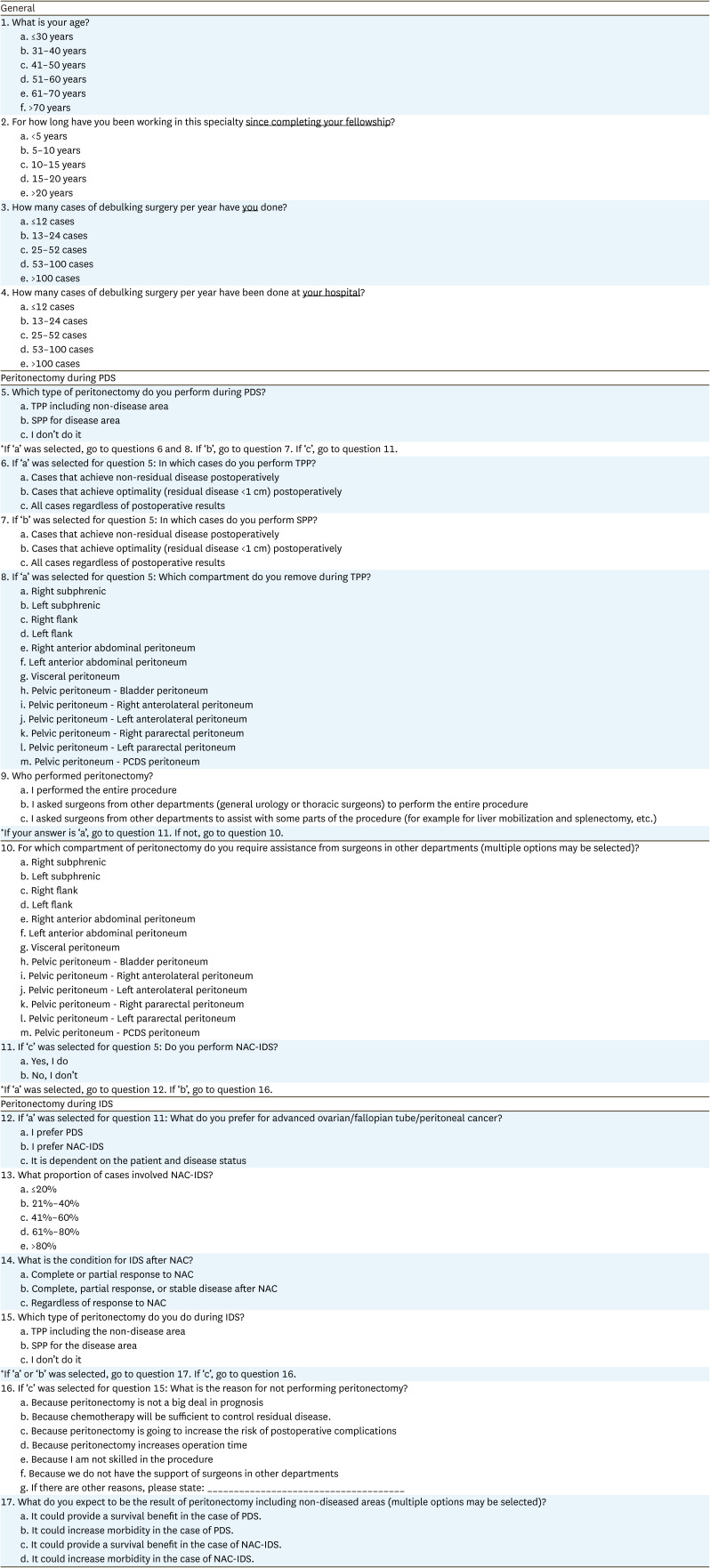 Current peritonectomy practice during debulking surgery in patients with newly diagnosed advanced ovarian cancer: a Korean Gynecologic Oncology Group Study (KGOG 4004).