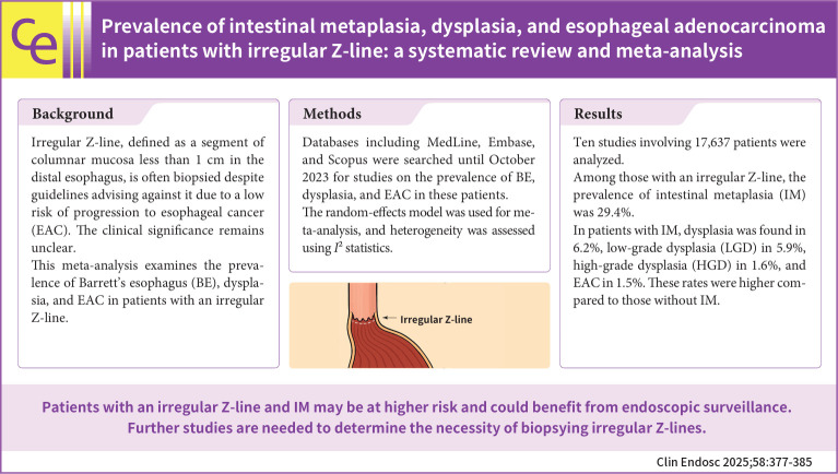 Prevalence of intestinal metaplasia, dysplasia, and esophageal adenocarcinoma in patients with irregular Z-line: a systematic review and meta-analysis.