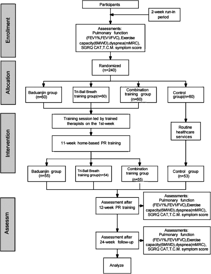 Combined Effect of 12 Weeks Baduanjin and Tri-Ball Respiratory Training as a Home-Based Pulmonary Rehabilitation in Subjects With Moderate Chronic Obstructive Pulmonary Disease: A Multi-Center Randomized Controlled Trial.