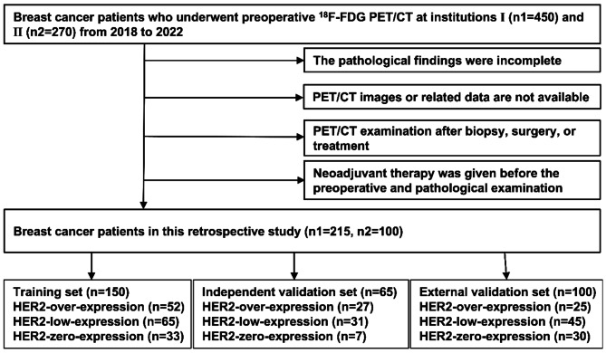 Identification of HER2-over-expression, HER2-low-expression, and HER2-zero-expression statuses in breast cancer based on <sup>18</sup>F-FDG PET/CT radiomics.