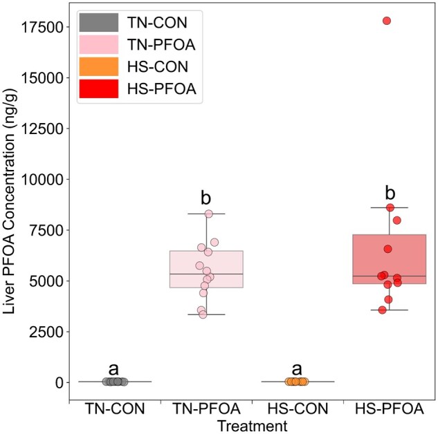 Distribution of perfluorooctanoic acid in exposed female postpubertal pigs in thermal neutral or heat-stressed conditions.