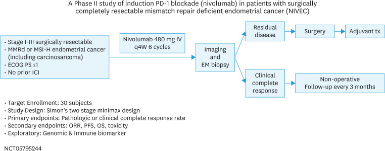 A phase II study of induction PD-1 blockade (nivolumab) in patients with surgically completely resectable mismatch repair deficient endometrial cancer (NIVEC).