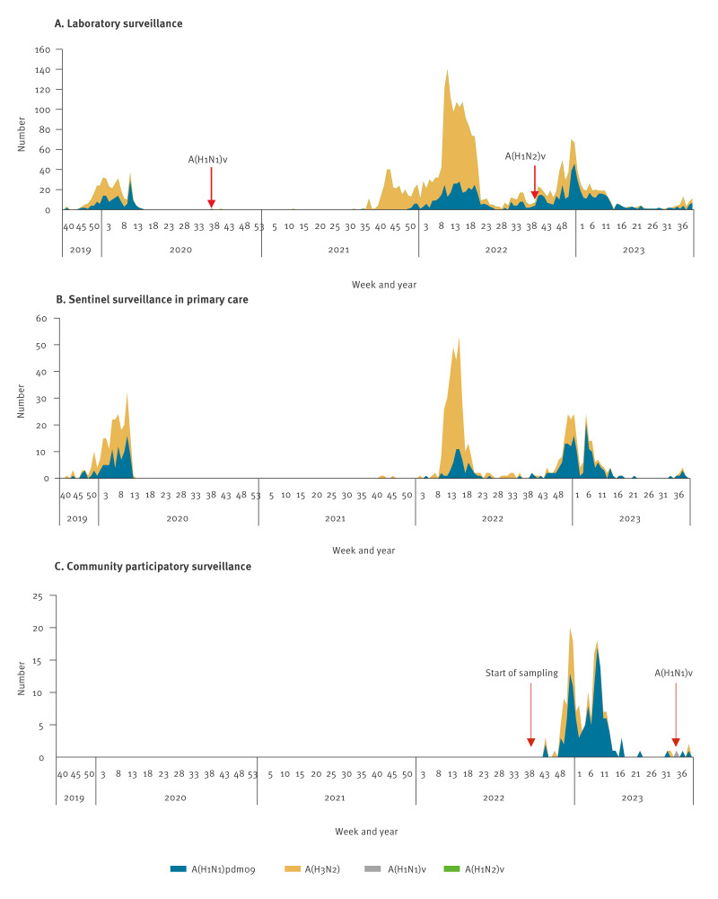 Human infections with Eurasian avian-like swine influenza virus detected by coincidence via routine respiratory surveillance systems, the Netherlands, 2020 to 2023.