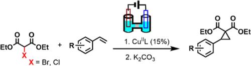 Cu-Catalyzed Electrochemical Atom Transfer Radical Addition with Halomalonic Esters: A Route to Cyclopropane Derivatives