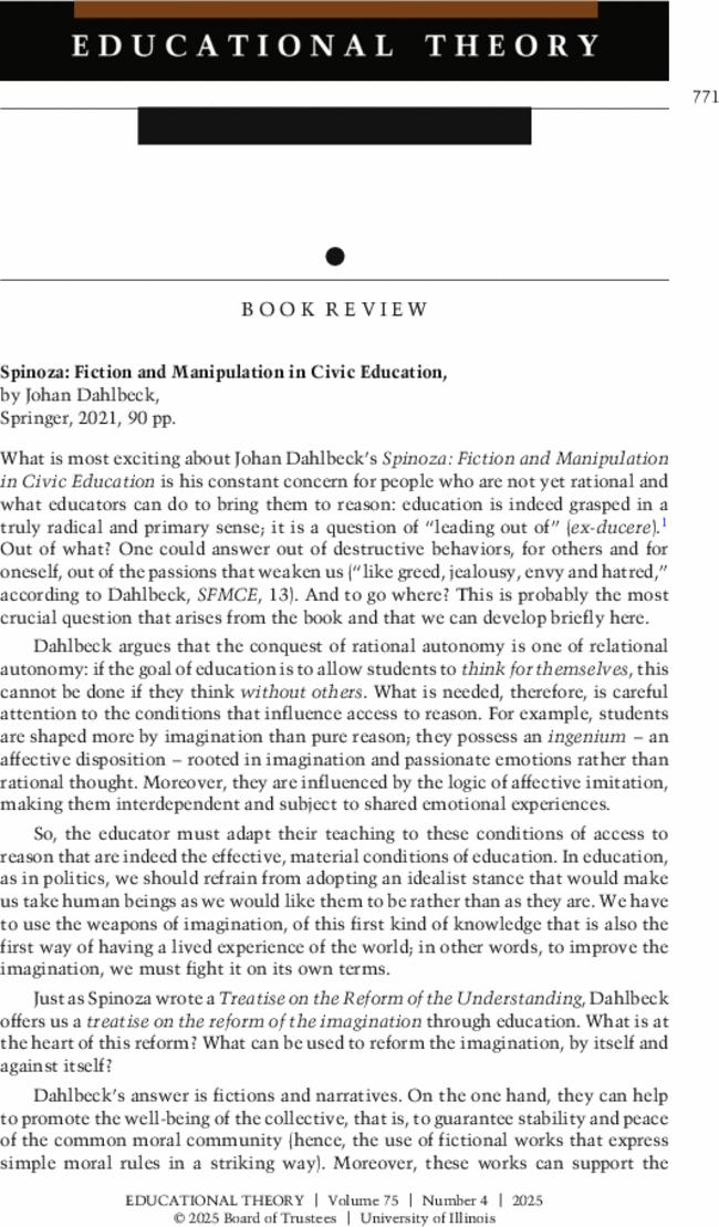 Spinoza: Fiction and Manipulation in Civic Education, by  Johan Dahlbeck, Springer,  2021,  90 pp.