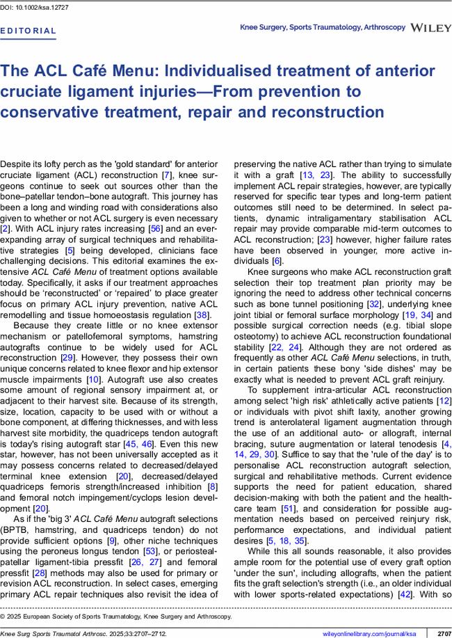 The ACL Café Menu: Individualised treatment of anterior cruciate ligament injuries—From prevention to conservative treatment, repair and reconstruction