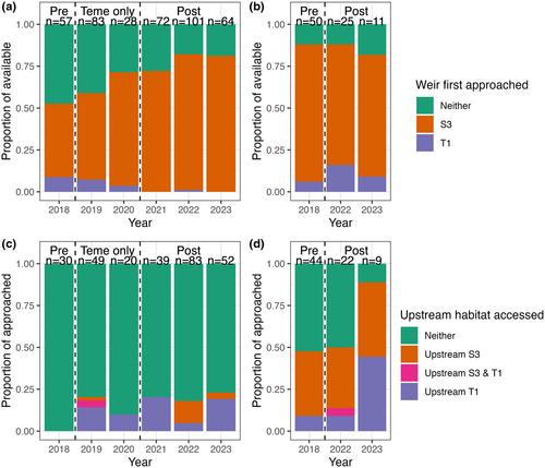 Contrasting responses to riverine barrier modification and fish pass provision in two anadromous non-salmonid species during their spawning migrations