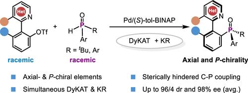 Diastereo- and Enantioselective Pd-Catalyzed C–P Coupling for Axially and P-Chiral Phosphine Oxides via Simultaneous Dynamic Kinetic Asymmetric Transformation and Kinetic Resolution
