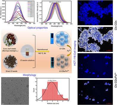 Curry Leaf Seeds (Murraya koenigii L.)-Derived Carbon Dots as Photoluminescent Probe for Nanomolar Detection of Fe3+ Ions and Bioimaging in HCT 116 Cancer Cells
