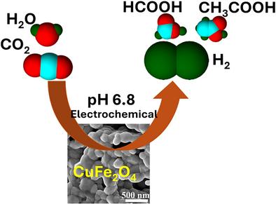 Sol-Gel Synthesis of Copper Ferrite Spinel Oxide and Its Use as Catalyst for the H2 Evolution and CO2 to Acetate Reduction Reactions