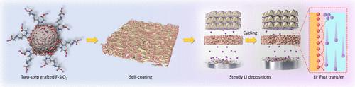 Two-Step Grafted F-SiO2 Coating Self-Construction toward Mass-Produced Lithium–Metal Battery Separators with Optimal Porous Skeleton, Security, and Electrochemical Performances